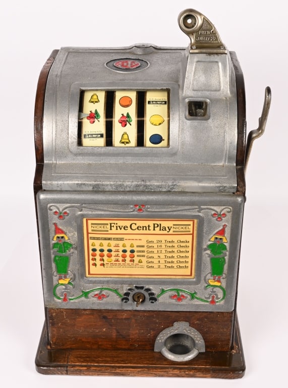 JENNINGS 5c DUTCH BOY SLOT MACHINE: Jennings 5c Dutch Boy Slot Machine. Original with paint touchup. Worked when tested. With keys, 26" Excellent This is not a standard shippable item and will require 3rd party shipping or pickup