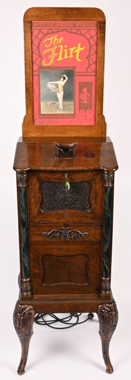 CALI-O-SCOPE MUTOSCOPE: Callie Cali-O-Scope Mutoscope. Very nice restored condition. Great looking oak case with Marquee. Come with The Flirt reel. Great looking machine. 74"x20"x17" Excellent