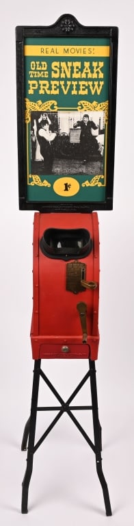 INTERNATIONAL MUTOSCOPE w/ STAND & MARQUEE: International Mutoscope with Stand and Marquee. Restored condition. Comes with Old Time Moview Preview reel. Has keys. 60" Excellent This is not a standard shippable item and will require 3rd party