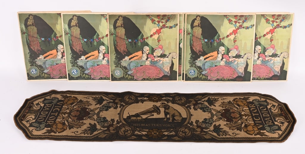 COLUMBIA RECORD VALENTINES AND RCA TAPESTRY: Lot includes: 1. 17- Colorful Columbia Record Valentine 78 record jackets dated 1920. 2. Beautiful RCA Victor woven tapestry. 45" by 13". Excellent