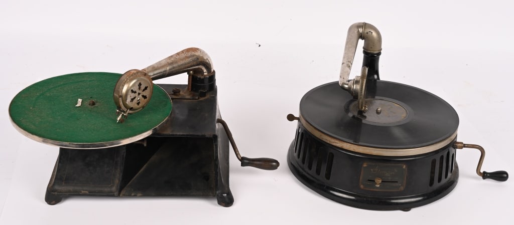 STEWART & VAN-O-PHONE VINTAGE PHONOGRAPHS: Lot includes 1. Stewart Metal Case phonograph, working. Needle needs repaired. Includes record. 2. Van-O-Phone cast iron base phonograph. Working should clean to a higher grade. Largest is 12"