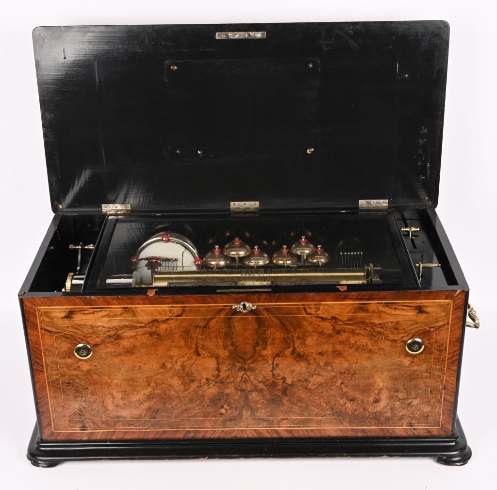 ELABORATE BRASS CYLINDER MUSIC BOX, DRUMS & BELLS (1 of 15)