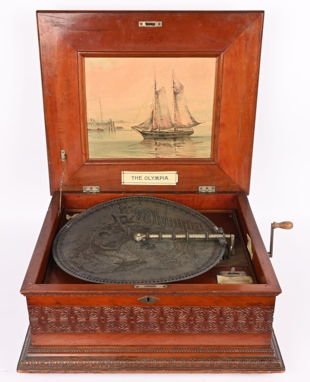 OLYMPIA 15 3/4" DISC MUSIC BOX w/ CARVED CASE (1 of 8)