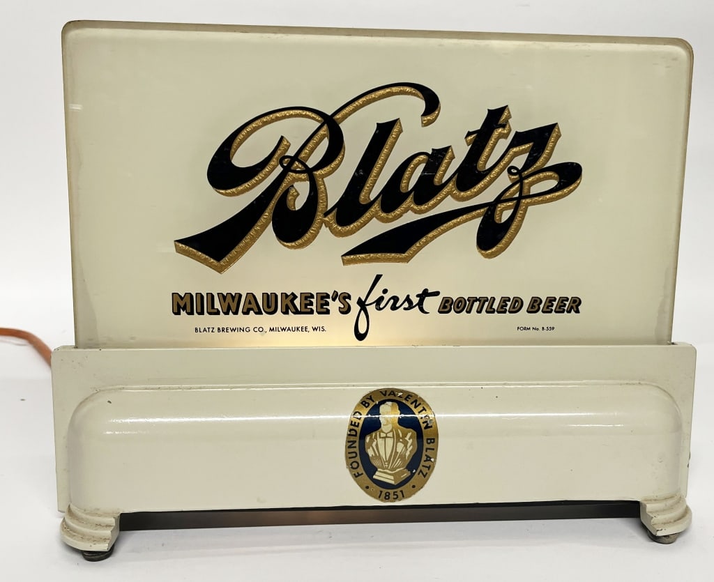 BLATZ BEER CONTINENTAL LIGHTUP COUNTER SIGN: Outstanding Blatz Beer Lightup Counter Display Sign made my Continental Displays. All original with very nice paint and original Founder decal on front. Has makers mark on bottom. Brewed in