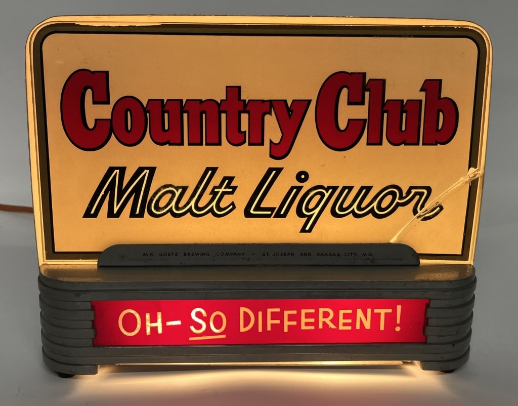 COUNTRY CLUB MALT LIQUOR LIGHTUP COUNTER SIGN: Country Club Matl Lightup Counter Display Sign made by Price Bros. All original with great deco area look. Glass has small crack in bottom right corner. Still displays great. Brewed in Kansas City, Mi