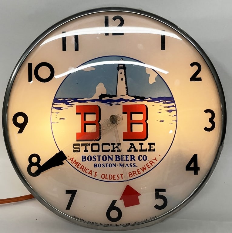 BB STOCK ALE TELECHRON BUBBLE CLOCK: Outstanding BB Stock Ale Telechron Bubble Clack. Nice colors and great Lighthouse graphics. Missing 1 bulb cover on back. Brewed in Boston, Massachusetts. Worked when tested. 15" Excellent
