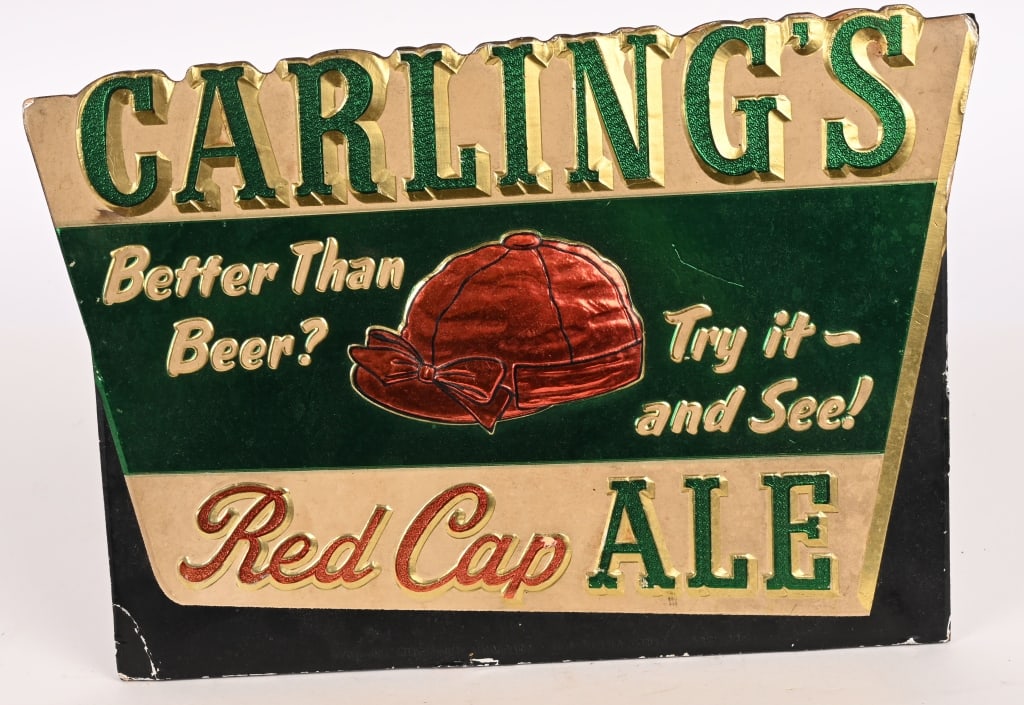 CARLING'S RED CAP ALE MASONITE SIGN: Carling's Red Cap Ale Masonite Sign. All original in nice condition. Brewed in Cleveland, Ohio. 12"x8 1/2" Excellent
