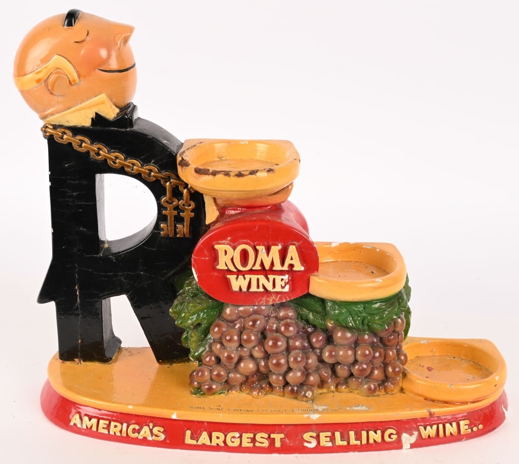 ROMA WINE CHALKWARE BOTTLE DISPLAY: Original Roma Wince chalkware Bottle Display. Very nice design and colors. Has some wear. From Fresno, California. 17"x14 1/2" Very Good-Excellent