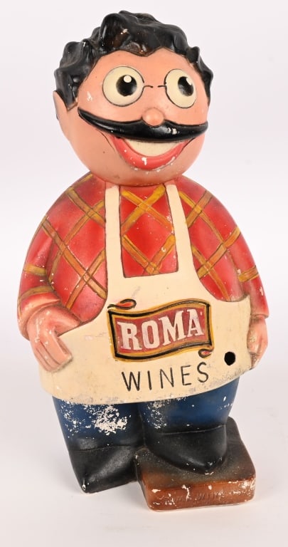 ROMA WINES CHALKWARE STORE DISPLAY: Nice chalkware store display depicting a caricature of a Italian Wine Shopkeeper. Has some wear. Measures 20" high. Light wear. Roma Wine co. Fresno, California. Very Good-Excellent