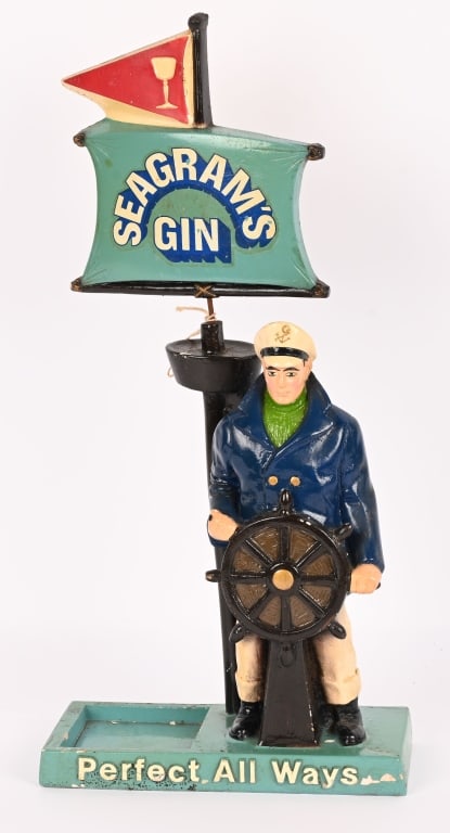 SEAGRAM'S GIN CHALKWARE CAPTAIN BOTTLE DISPLAY: Seagram's Gin chalkware Captain Bottle Display. All original with nice colors and design. 19" Excellent