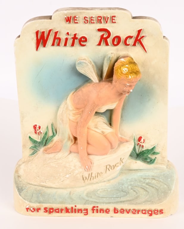 WHITE ROCK BEVERAGE CHALKWARE FAIRY DISPLAY: White Rock Beverage chalkware Fairy Display. All original with nice colors and design. 10" Excellent