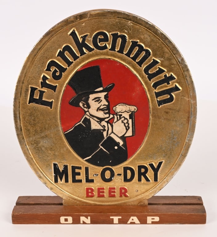 FRANKENMUTH MEL-O-DRY BEER MASONITE SIGN: Frankenmuth Mel-O-Dry Beer Masonite Sign with Stand. All original in nice condition. Brewed in Frankenmuth, Michigan. 11" Excellent