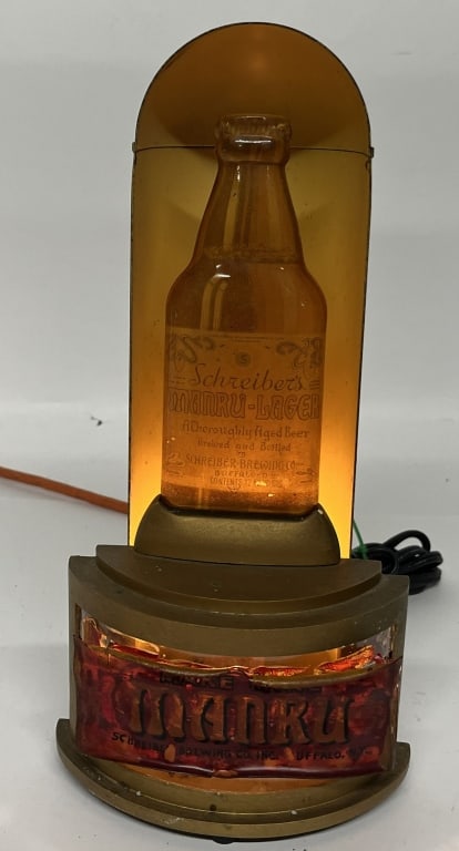 SCHREIBER'S MANRU LAGER LIGHTUP DISPLAY: Schrieber's Manru Lager Lightup Display. All original condition. Manru sign on bottom has some curling. Still displays well. Metal and plastic construction. Brewed in Buffalo, New York. Worked when