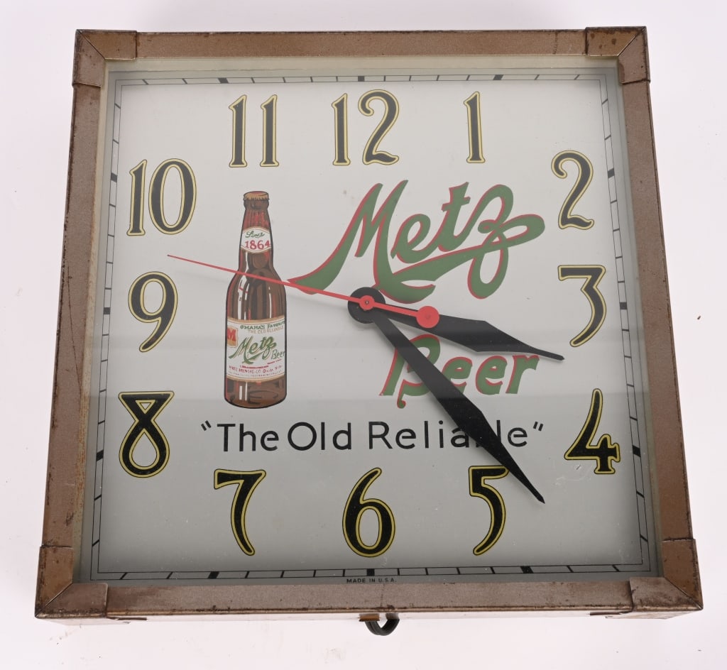METZ BEER SESSIONS ADVERTISING CLOCK: Very nice Metz Beer Sessions Advertising Clock. All original with nice color and graphics. Brewed in Omaha, Nebraska. Worked when tested. 14 1/2"x14 1/2" Excellent
