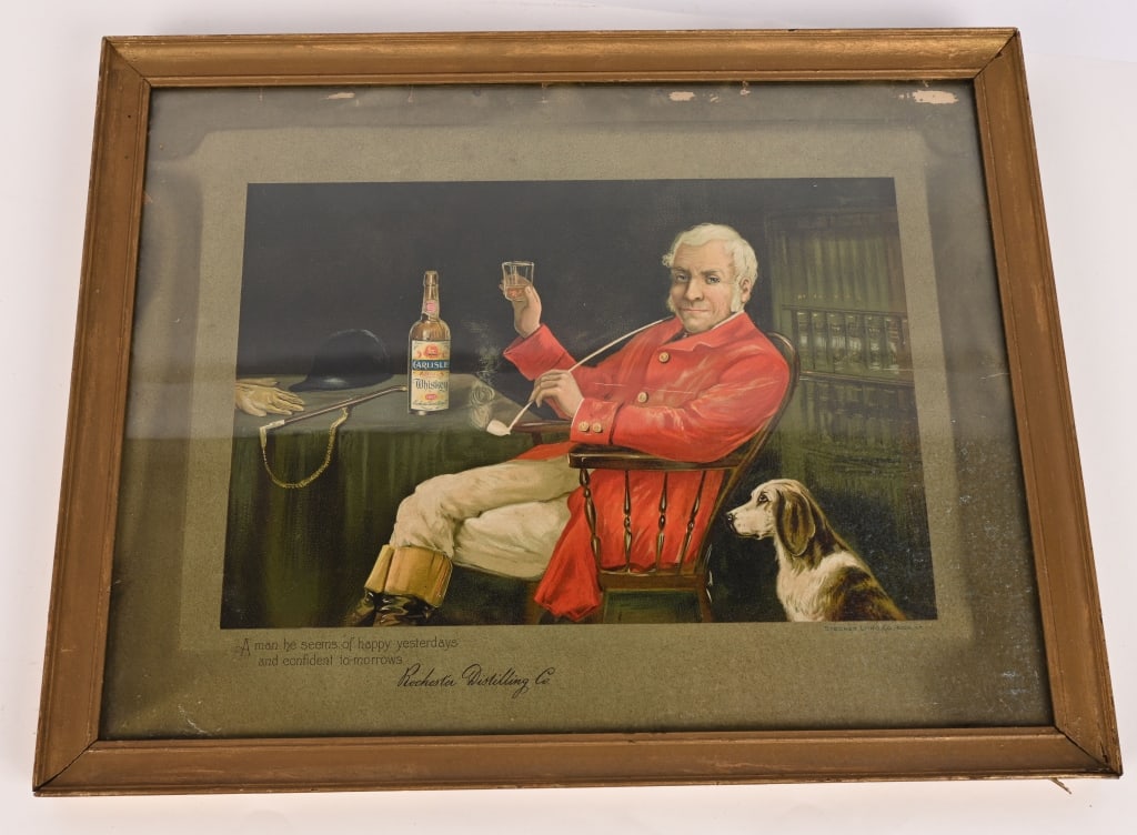 CARLISLE WHISKEY ADVERTISING LITHOGRAPH: Carlisle Whiskey Advertising Litho on Cardboard. All original with great image. Minor wear on edges. Framed. 19 1/2"x15 1/2" Excellent