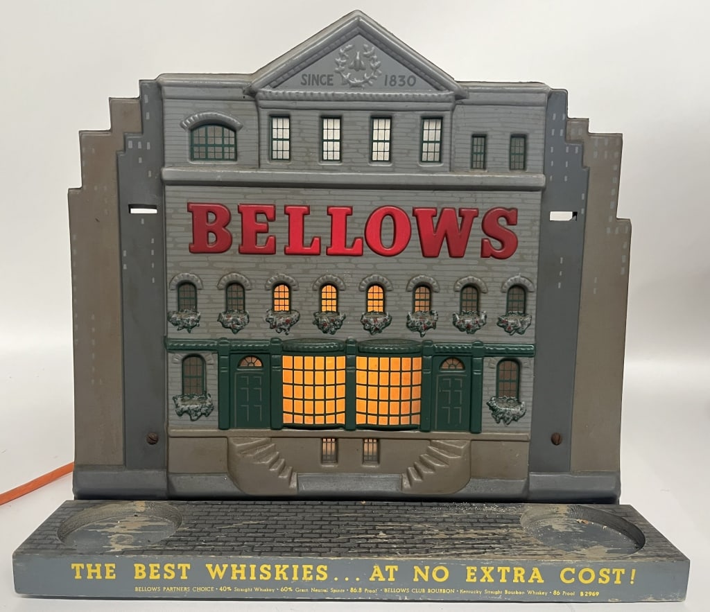 BELLOWS WHISKEY LIGHTUP HEAT LAMP MOTION DISPLAY: Bellows Whiskey Lightup Heat Lamp Motion Display. All original condition. Has spot for bottles. Nice condition. Worked when tested. 17" Excellent
