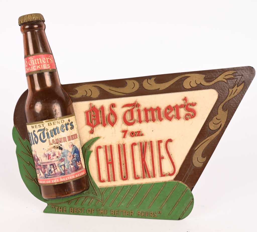 OLD TIMERS BEER MASONITE SIGN: Old Timers Beer Masonite Sign. All original. Can be hung or sit on counter. Brewed in West Bend, Wisconsin. 11" Excellent