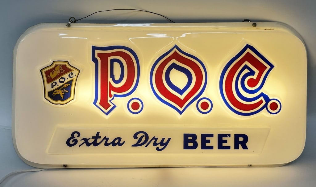 P.O.C. EXTRA DRY BEER LIGHTUP SIGN: P.O.C. Extra Dry Beer lightup Sign. All original in great condition. Has Blue Ribbon Displays label. Has new cord. Worked when tested. Brewed in Cleveland, Ohio. 22"x11" Excellent