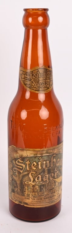 STEINHAUS BEER OVERSIZE GLASS DISPLAY BOTTLE: Steinhaus Beer Oversize Glass Display Bottle. All original with decent label. Brewed in Jeannette, Pennsylvania. 20" Excellent