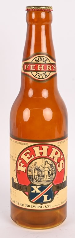 FEHR'S BEER OVERSIZE GLASS DISPLAY BOTTLE: Fehr's Beer Oversize Glass Display Bottle. All original with decent label. Brewed in Louisville, Kentucky. 20" Excellent