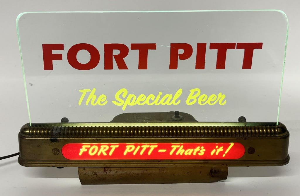 FORT PITT BEER LIGHTUP CASH REGISTER SIGN: Fort Pitt Beer Lightup Cash Register Sign. All original in nice condition. Brewed in Pittsburg, Pennsylvania. Worked when tested. 13"x9" Excellent