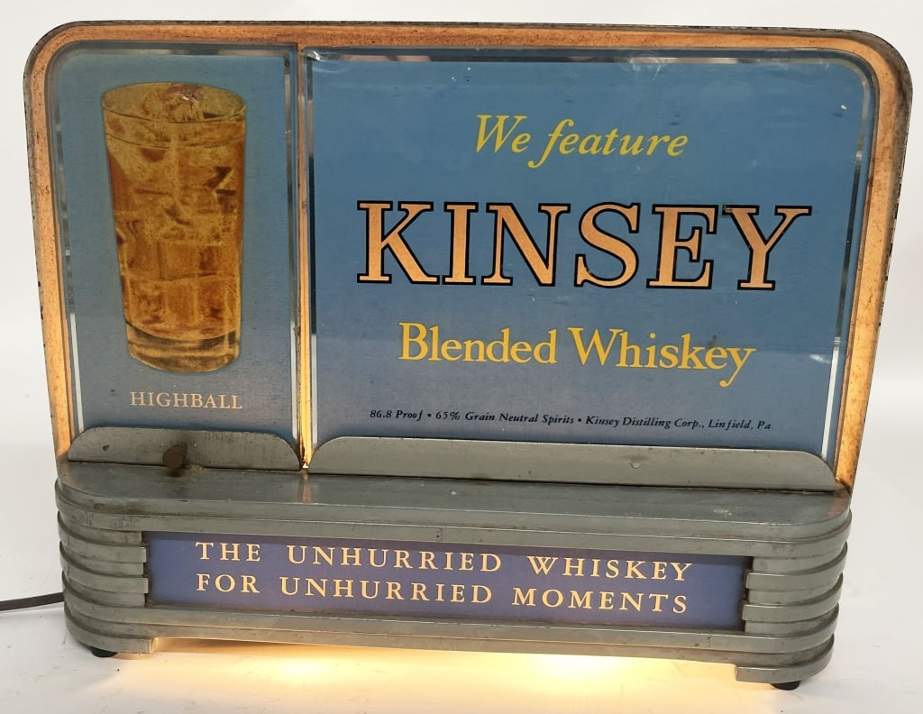 KINSEY WHISKEY LIGHTUP DECO STYLE DISPLAY SIGN: Kinsey Whiskey Lightup Deco Style Display Sign. Nice clean condition. Bottom bulb cover replaced. Worked when tested. 12"x9 1/2" Excellent