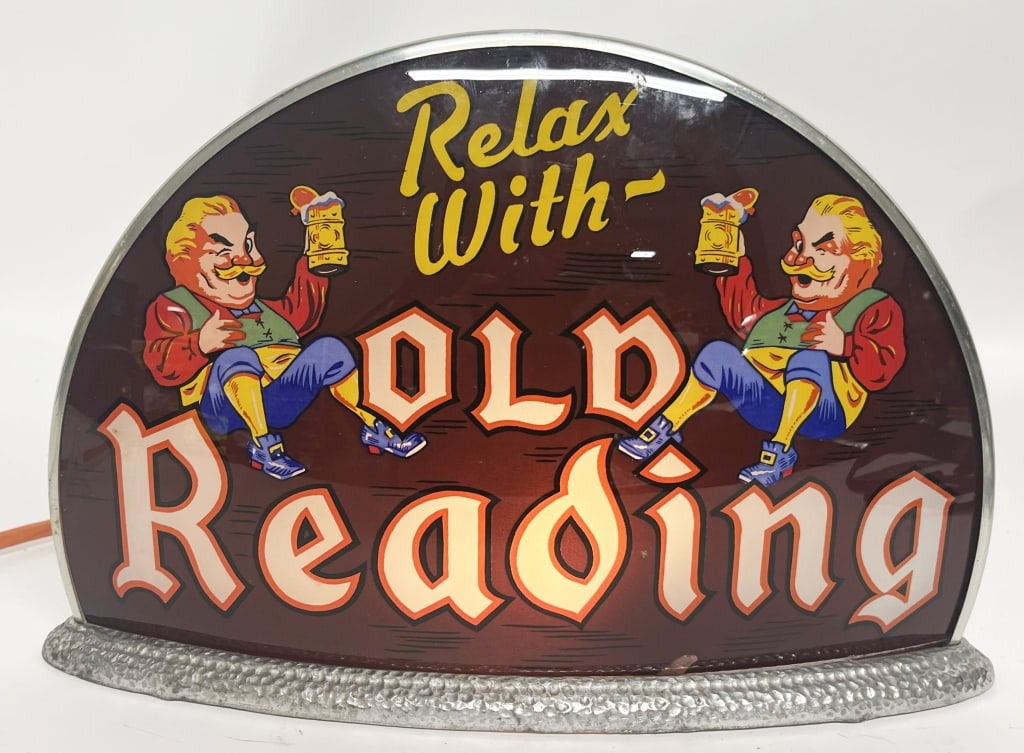 OLD READING BEER GILLCO LIGHTUP CAB SIGN: RARE Old Reading Beer Gillco Lightup Cab Sign. All original with great colors and graphics. Still has Gillco sticker on back. Brewed in Reading, Pennsylvania. Worked when tested. Small peel to