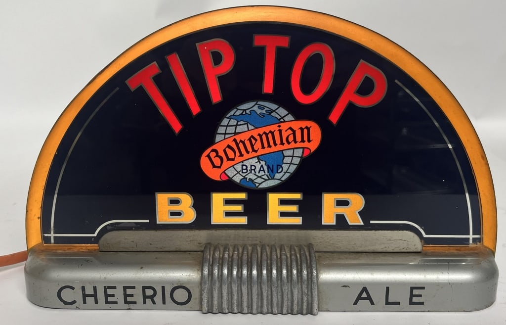TIP TOP BEER LIGHTED CAB STYLE SIGN: RARE Tip Top Bohemian Beer Cab Light Sign. Great deco look. Reverse painted glass. All original in working condition. Brewed in Cleveland, Ohio. One of the Rarest lights out there! 13" x8" Excellent
