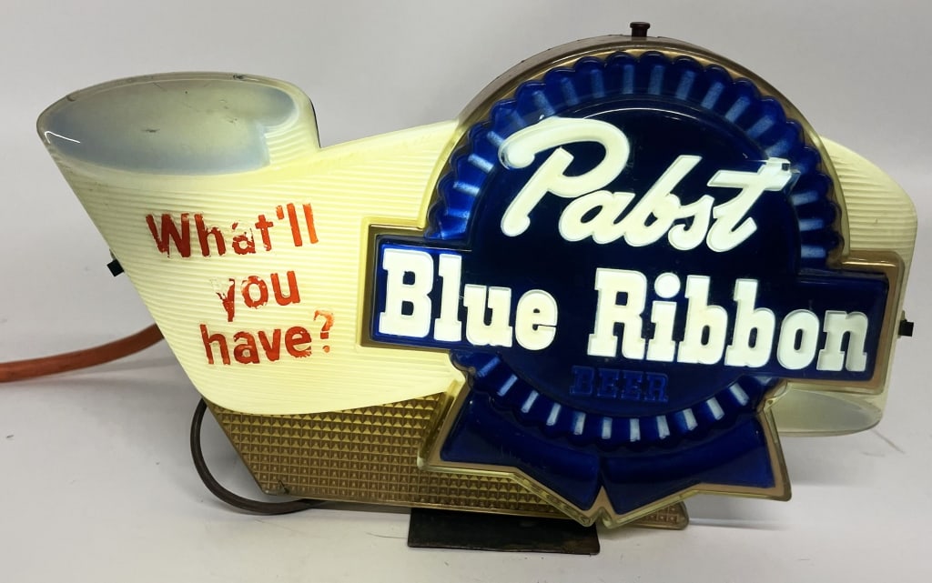 PABST BEER LIGHTUP CASH REGISTER SIGN: Pabst Blue Ribbon Beer Lightup Cash register Sign. All original in great shape. Brewed in Milwaukee, Wisconsin. Worked when tested. 11"x7" Excellent