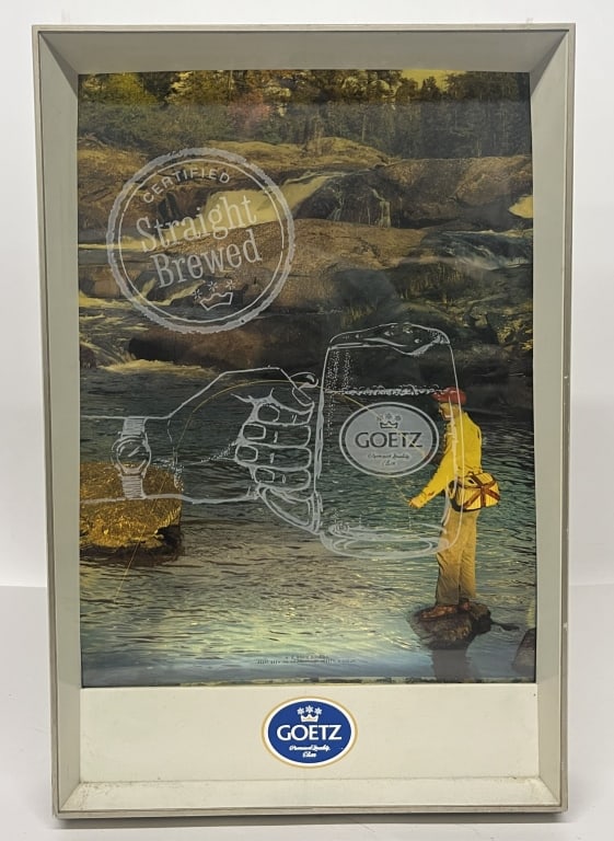 GOETZ BEER LIGHTED DAWN TO DUSK SIGN: Goetz Beer Revolving Edgelite Transparency Sign. Dawn to Dusk style sign. All original condition. Brewed in Kansas City, Missouri Worked when tested. 19"x13" Excellent