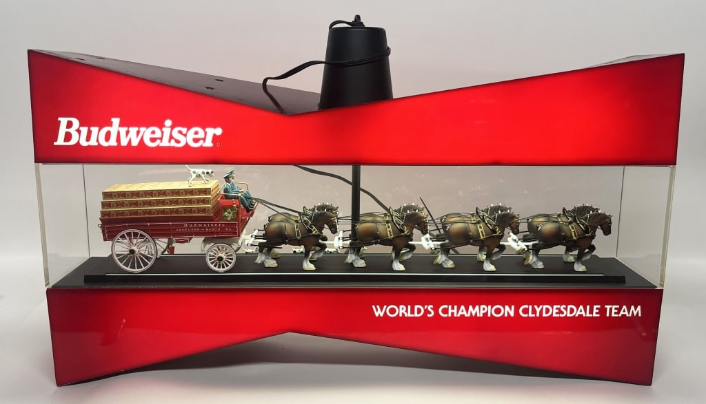 BUDWEISER BEER LIGHTUP CLYDESDALE TEAM SIGN: Budweiser Beer Lightup Clydesdale Team Lightup Display Sign. The total sign rotates when hung. All original with wonderful details of the wagon and Horse Team. Can hang or set on counter. Brewed in