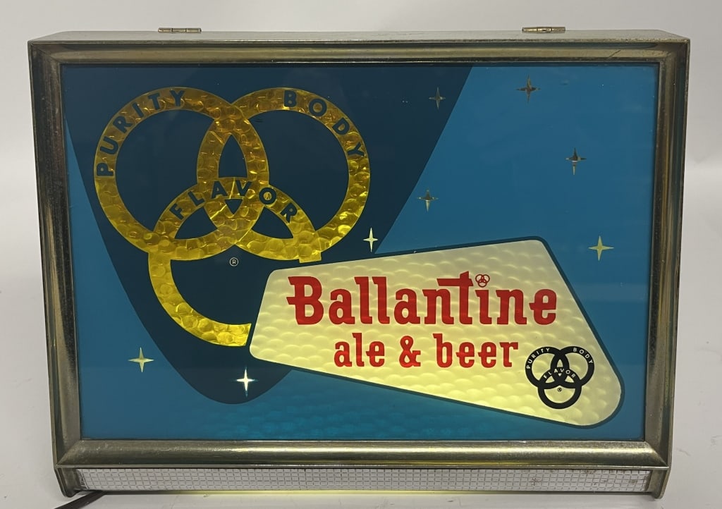 BALLANTINE BEER & ALE LIGHTUP SHELF SIGN: Ballantine Ale and Beer Lightup Shelf Sign. All original with great colors. Brewed in Newark, New Jersey. Worked when tested. 11"x8 1/2" Excellent