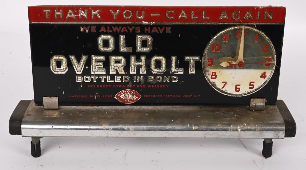 OLD OVERHOLT WHISKEY ADVERTISING SHELF CLOCK (1 of 2)