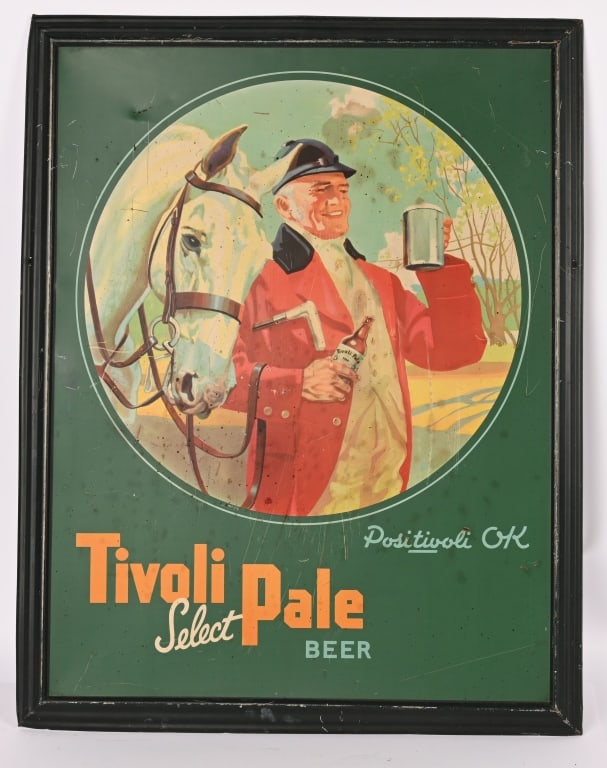 TIVOLI PALE BEER SELF FRAMED TIN SIGN: Tivoli Pale Beer self framed tin Sign. All original with great colors and image. Brewed in Denver, Colorado. 28"x22" Excellent