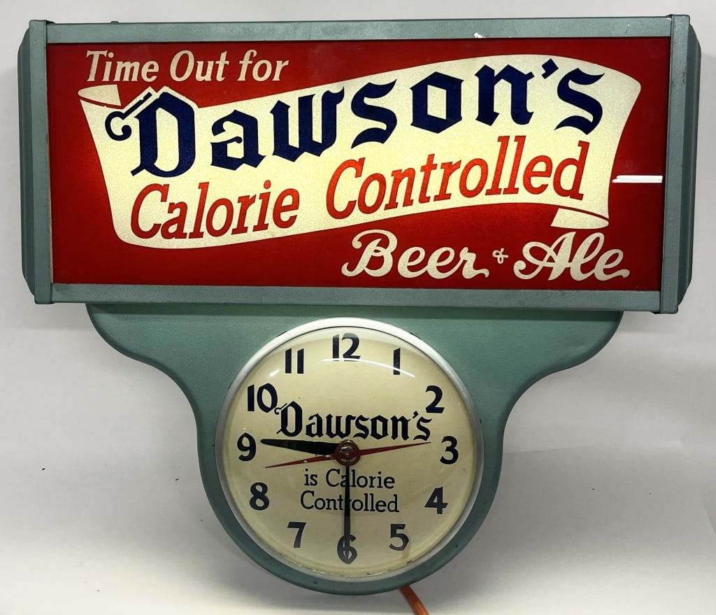 DAWSON'S BEER & ALE LIGHTUP CLOCK: Dawson's Beer & Ale Lightup Clock. All original with great deco look. Brewed in New Bedford, Mass. Worked when tested. 20"x19" Excellent
