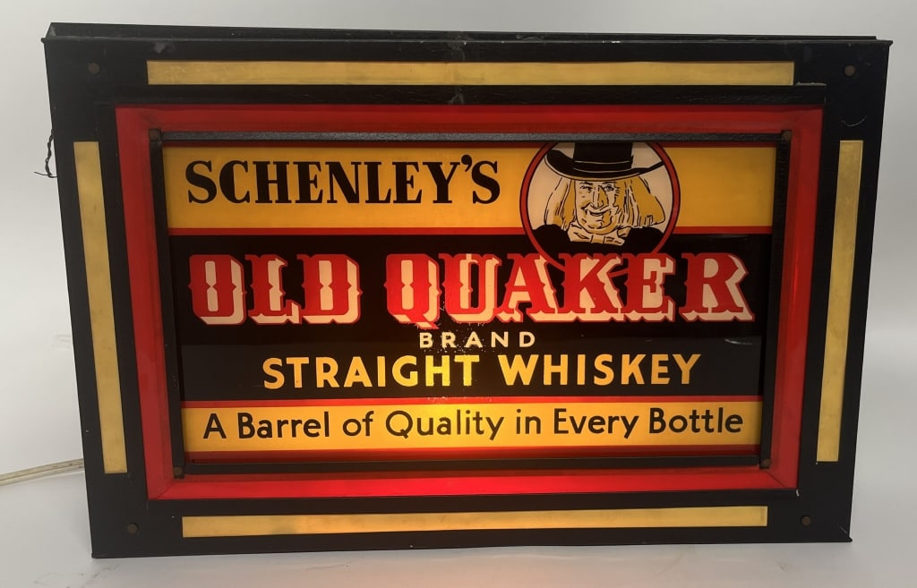 SCHENLEY'S OLD QUAKER WHISKEY LIGHTUP SIGN: Schenley's Old Quaker Whiskey Lightup Sign. All original with great colors and image. Reverse of glass. Worked when tested. 18"x11 1/2" Excellent