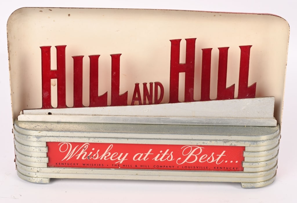 HILL & HILL WHISKY DECO LIGHTUP BACK BAR SIGN: Hill and Hill Whisky deco style lightup back bar sign. All original in great condition. Has Price Bros decal on back. Worked when tested. 12"x7 1/2" Excellent