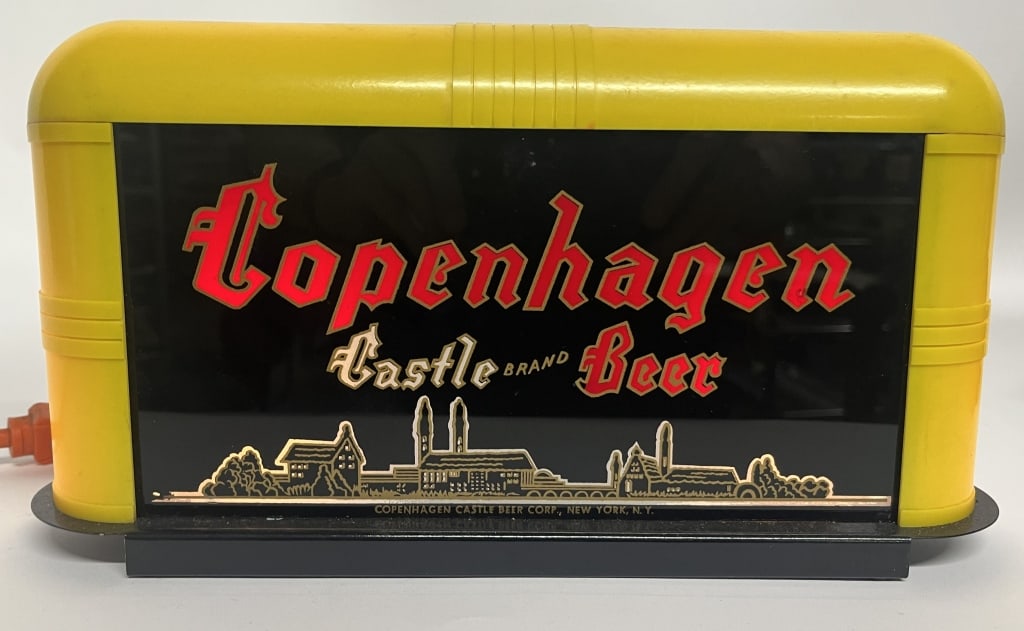 COPENHAGEN CASTLE BEER LIGHTUP BACK BAR SIGN: Copenhagen Castle Beer Lightup Back Bar Sign. All original in great condition. Nice deco look. Worked when tested. Brewed in Brooklyn, NY. 13 1/2"x7 1/2" Excellent