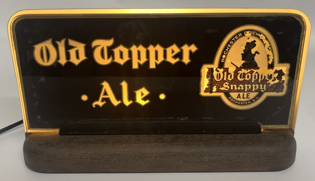 OLD TOPPER BEER DECO LIGHTUP BACK BAR SIGN: Old Topper Beer deco style lightup back bar sign. All original in great condition. Has Price Bros decal on back. Worked when tested. Brewed in Rochester, NY. 12"x7" Excellent