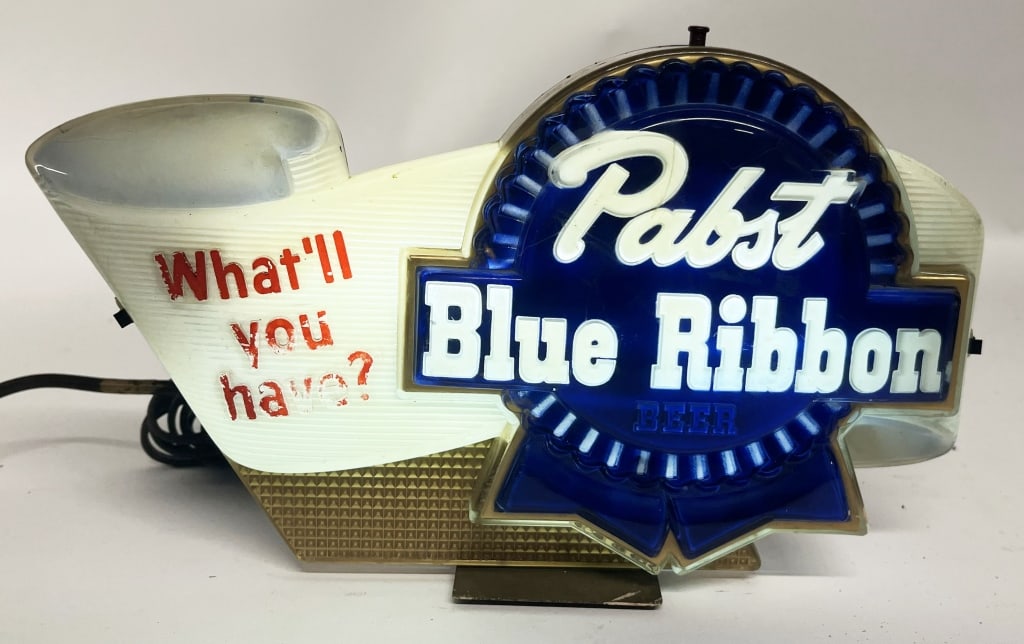 PABST BEER LIGHTUP CASH REGISTER SIGN: Pabst Blue Ribbon Beer Lightup Cash register Sign. All original in great shape. Brewed in Milwaukee, Wisconsin. Worked when tested. 11"x7" Excellent