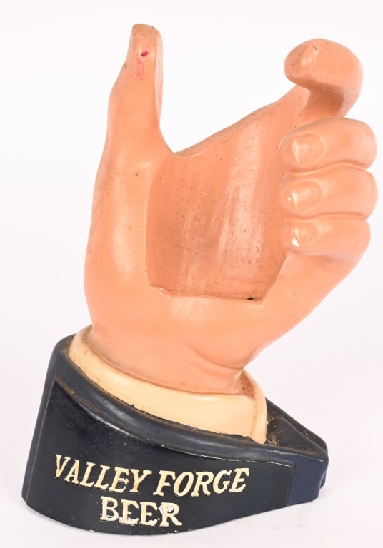 VALLEY FORGE BEER CHALKWARE HAND: Valley Forge Beer Chalkware Hand Display. Made to hold bottle. All original. Brewed in Norristown, PA. 9" Excellent
