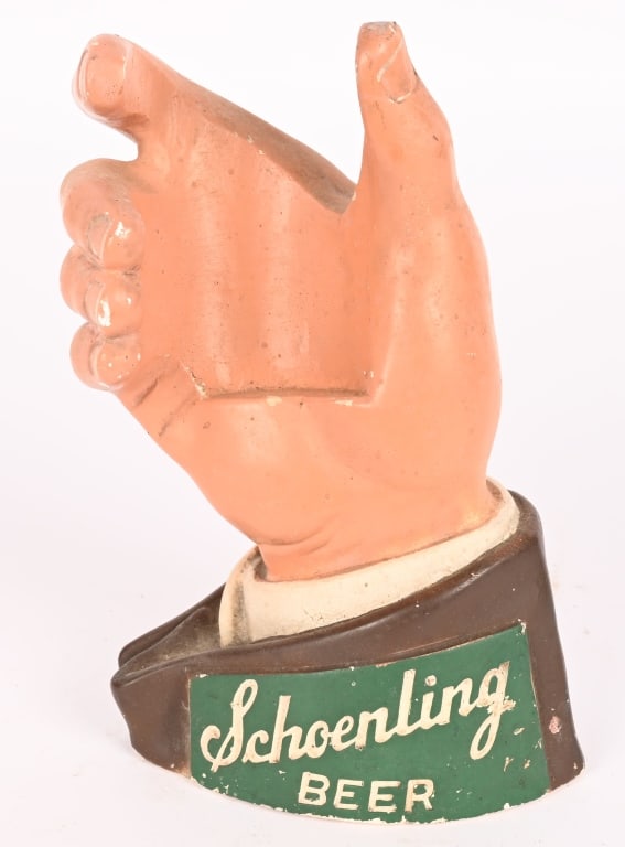 SCHOENLING BEER CHALKWARE HAND: Schoenling Beer Chalkware Hand Display. Made to hold bottle. All original. Brewed Cincinnati, OH. 9" Excellent