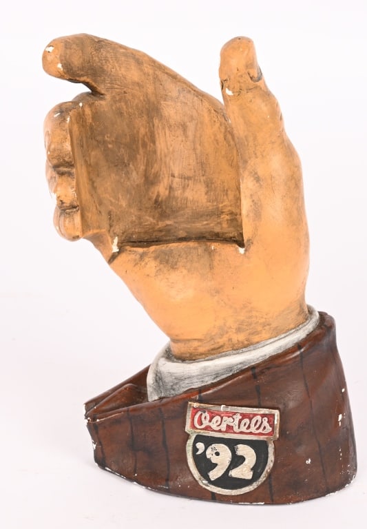 OERTELS '92 BEER CHALKWARE HAND: Oertels '92 Beer Chalkware Hand Display. Made to hold bottle. All original. Brewed Louisville, KY. 9" Excellent