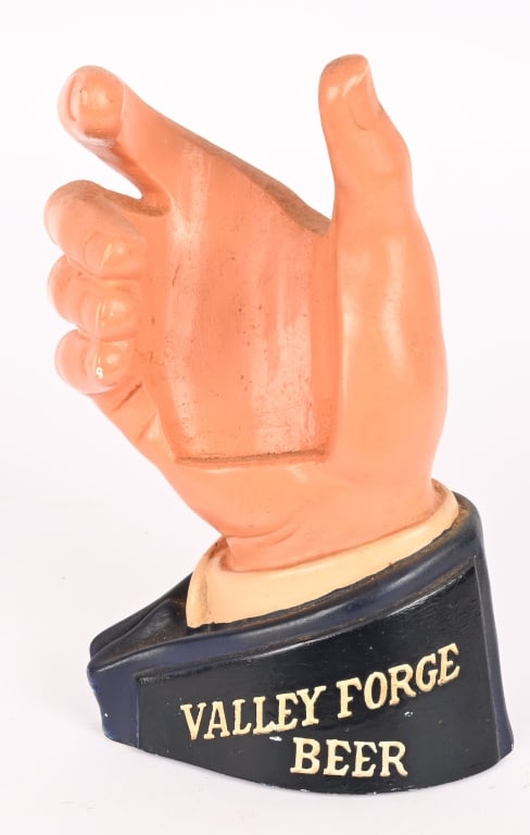 VALLEY FORGE BEER CHALKWARE HAND: Valley Forge Beer Chalkware Hand Display. Made to hold bottle. All original. Brewed in Norristown, PA. 9" Excellent