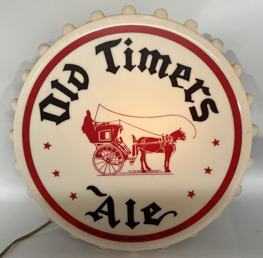 OLD TIMER ALE LIGHTUP BOTTLE CAP SIGN: Old Timer Ale Lightup Bottle Cap Sign. All original in great shape. Worked when tested. Brewed in Cleveland, Ohio. 16" Excellent