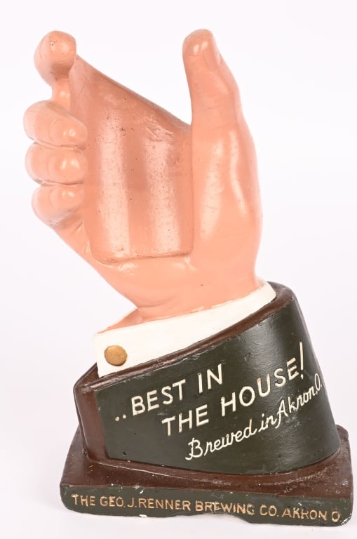 RENNER BREWING CHALKWARE HAND: Renner Brewing Chalkware Hand Display. Made to hold bottle. All original. Brewed in Akron, OH. 9" Excellent