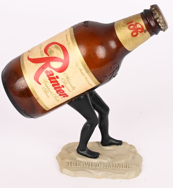 RAINIER BEER WALKING BOTTLE STATUE: Rainier Beer plastic walking Bottle Statue. All original. Brewed in Seattle, WA. 7 1/2" Excellent