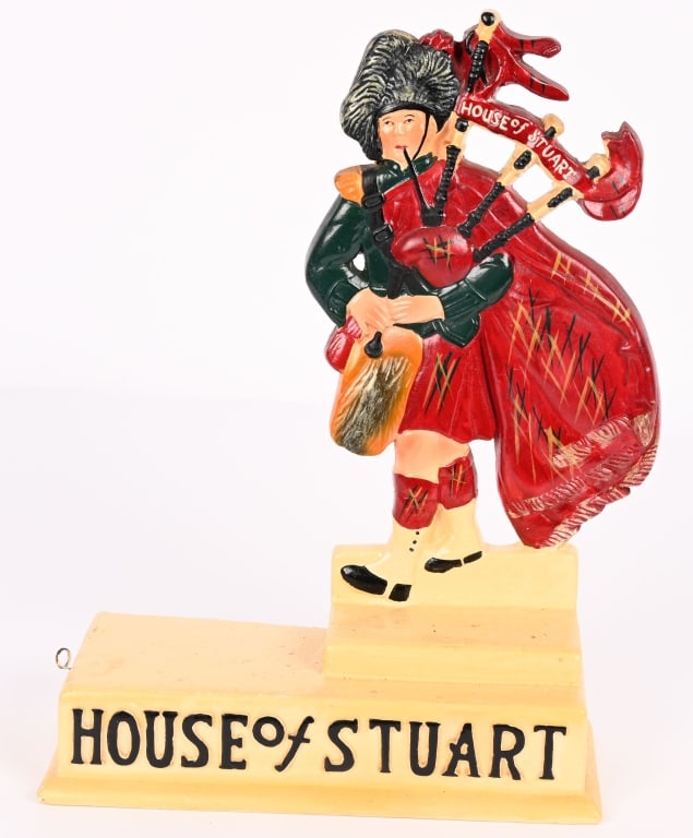 HOUSE OF STUART WHISKY CHALKWARE STATUE: House of Stuart Whisky chalkware Bottle Holding Statue. All original in great shape. 15 1/2" Excellent