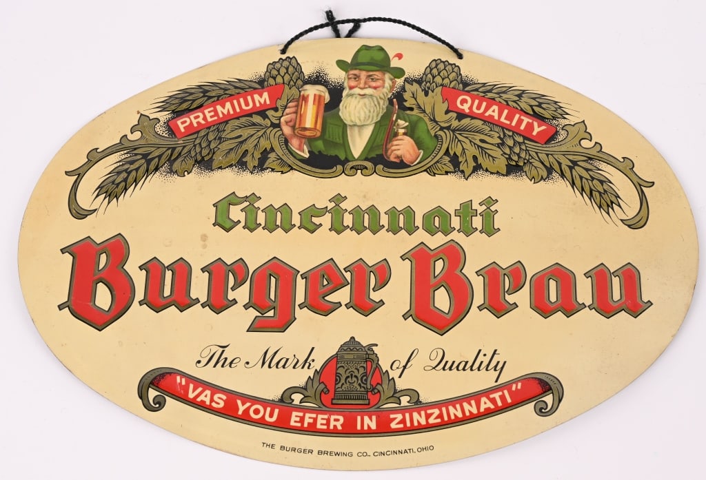 BUGER BRAU ZINZINNATI TIN SIGN: Cincinnati Burger Brau embossed tin Sign. All original with great colors and graphics. Brewed in Cincinnati, OH. 13 1/2" Excellent
