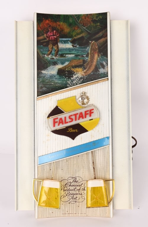 FALSTAFF BEER LIGHTUP MOTION DISPLAY: Falstaff Beer Lightup Motion Display. All original in great shape. Lights up and Beer Mugs move. Worked when tested. Brewed in St Louis, MO. 15 1/2" Excellent